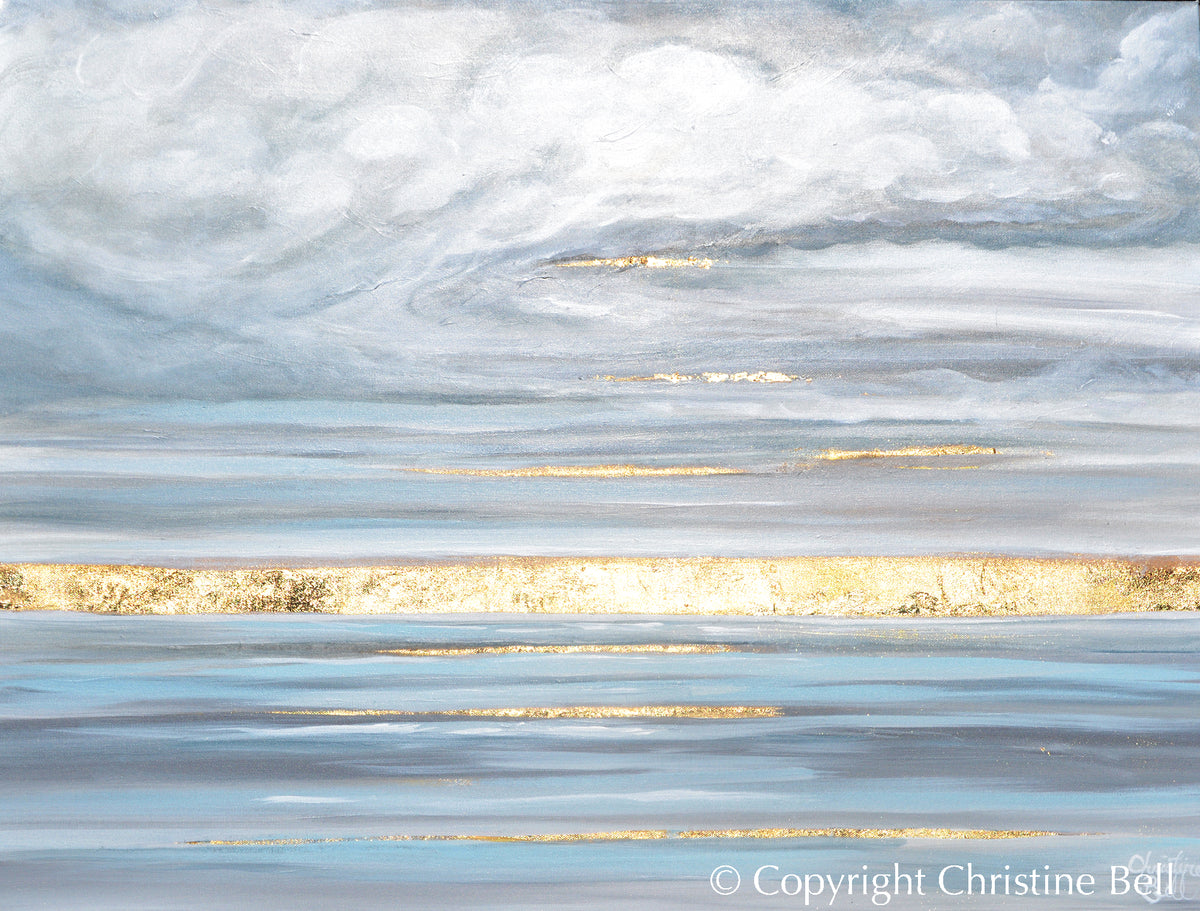 Giclée Print Light Blue Ocean Beach Painting Gold Leaf Canvas Wall Art –  Contemporary Art by Christine
