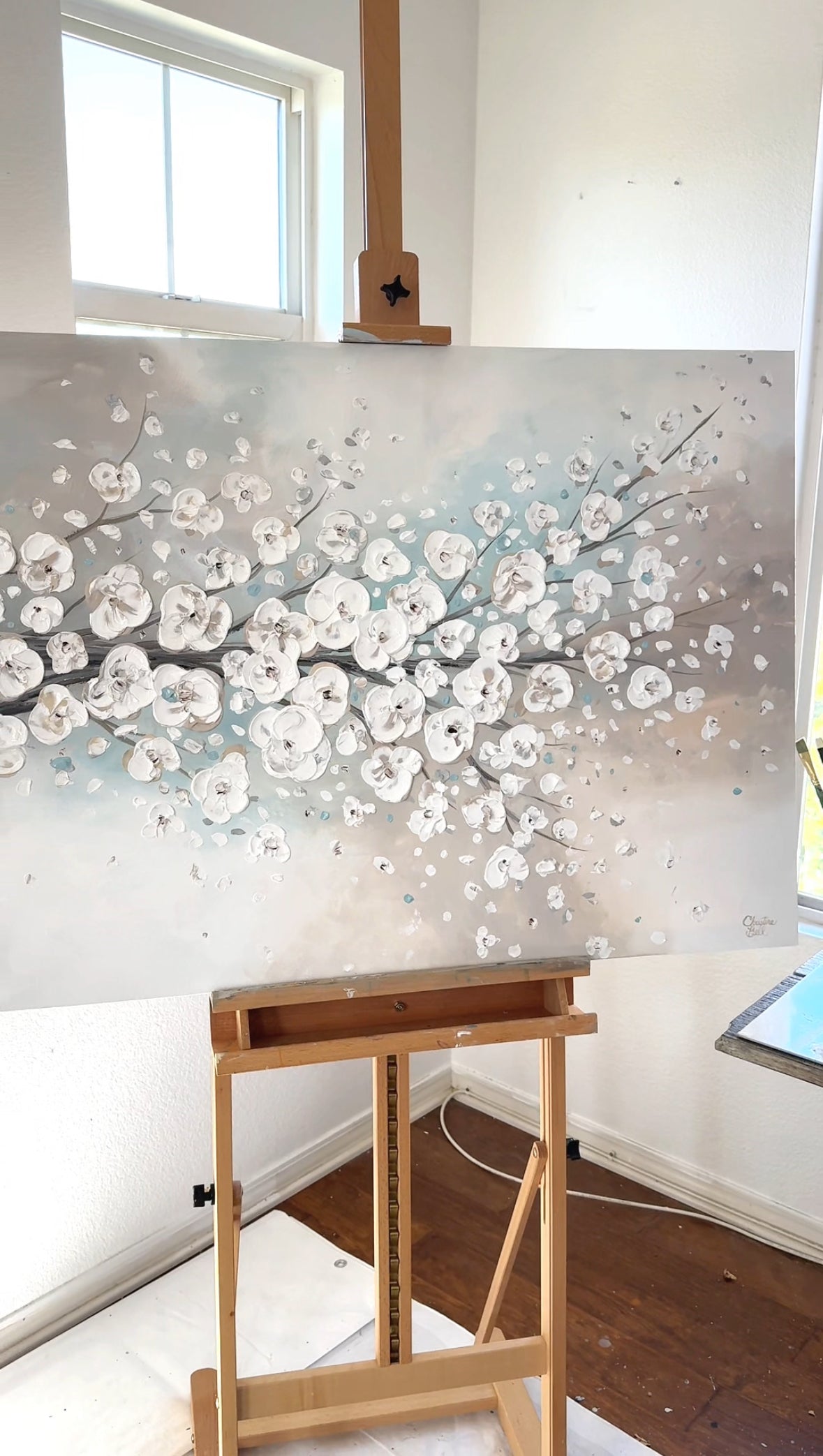 "Change of Seasons" Original Art Abstract Painting White Cherry Blossoms Branch Flowers White Grey Creme Blue Neutral Home Wall Decor