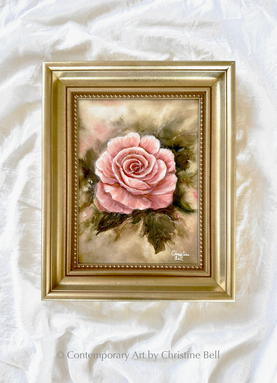 "Pretty Lady" ORIGINAL FLORAL OIL PAINTING, Pink Rose Flowers, Gold Framed, 6x8"