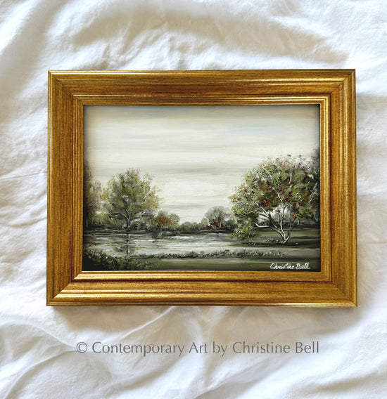 "Time Stands Still" ORIGINAL OIL PAINTING, Green Autumn Trees Landscape, Framed, 7x5"