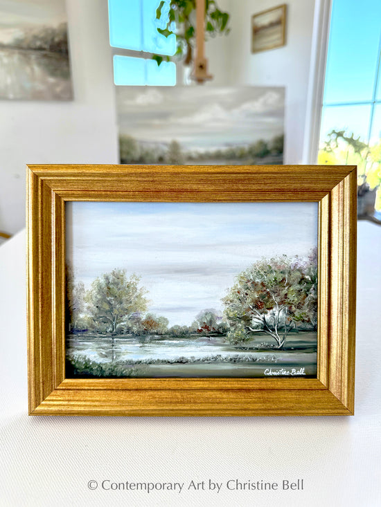 "Time Stands Still" ORIGINAL OIL PAINTING, Green Autumn Trees Landscape, Framed, 7x5"