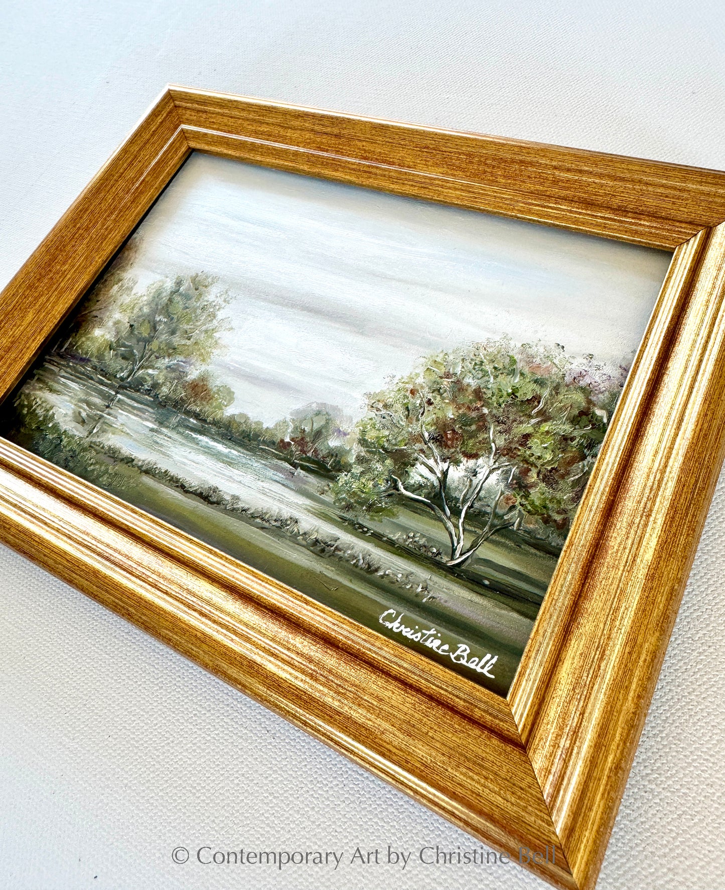 "Time Stands Still" ORIGINAL OIL PAINTING, Green Autumn Trees Landscape, Framed, 7x5"