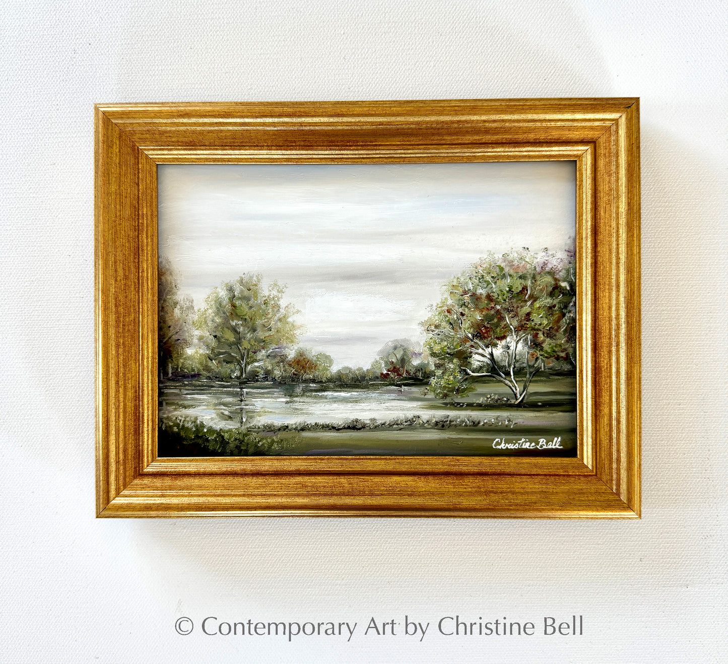 "Time Stands Still" ORIGINAL OIL PAINTING, Green Autumn Trees Landscape, Framed, 7x5"