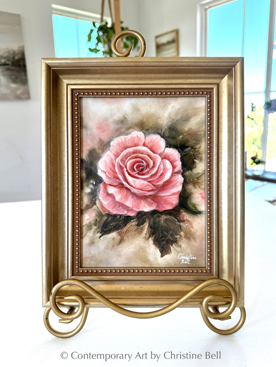 "Pretty Lady" ORIGINAL FLORAL OIL PAINTING, Pink Rose Flowers, Gold Framed, 6x8"