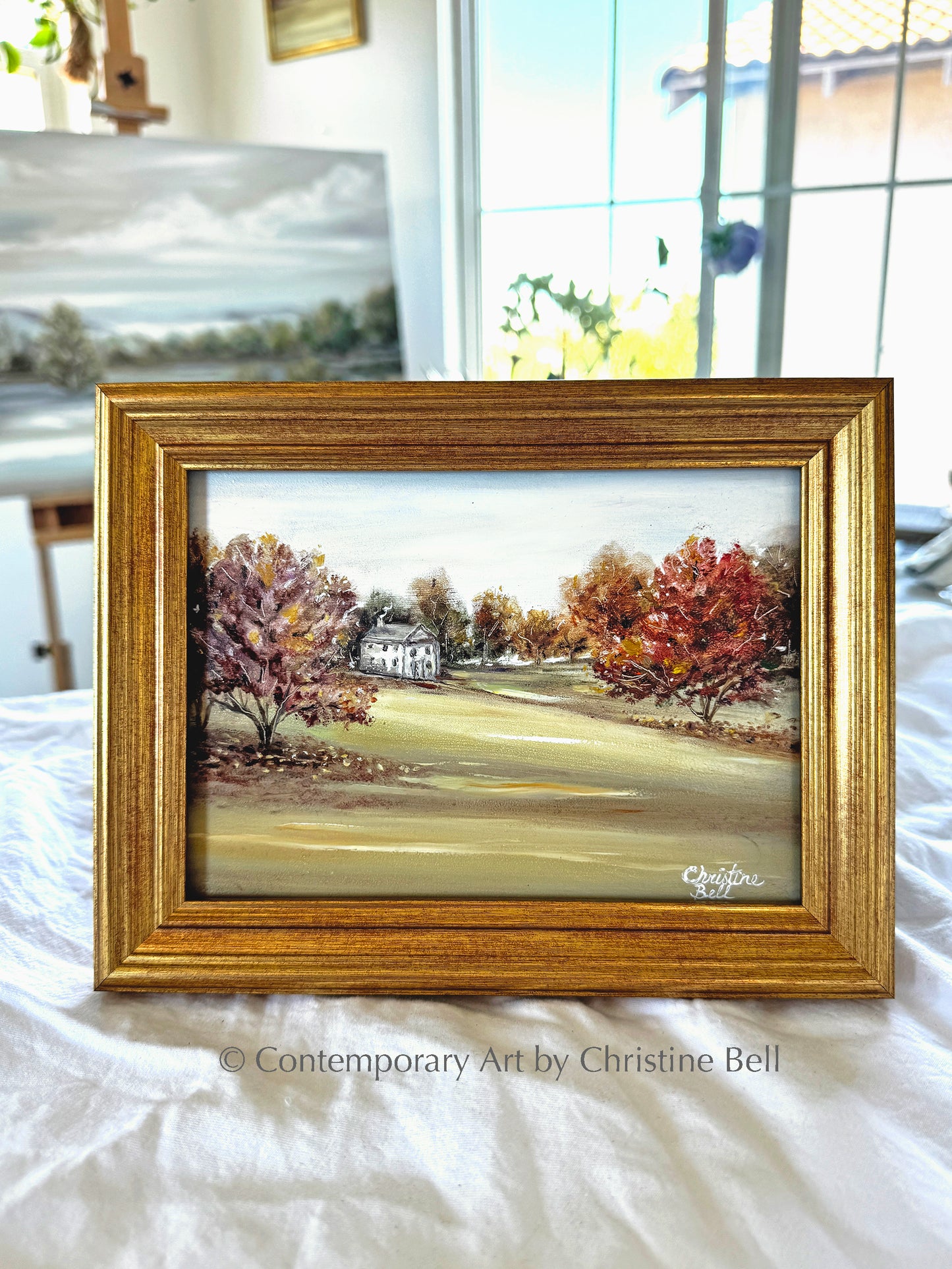 "Little Farmhouse" ORIGINAL OIL PAINTING, Autumn Trees Abstract Landscape, Framed, 7x5"