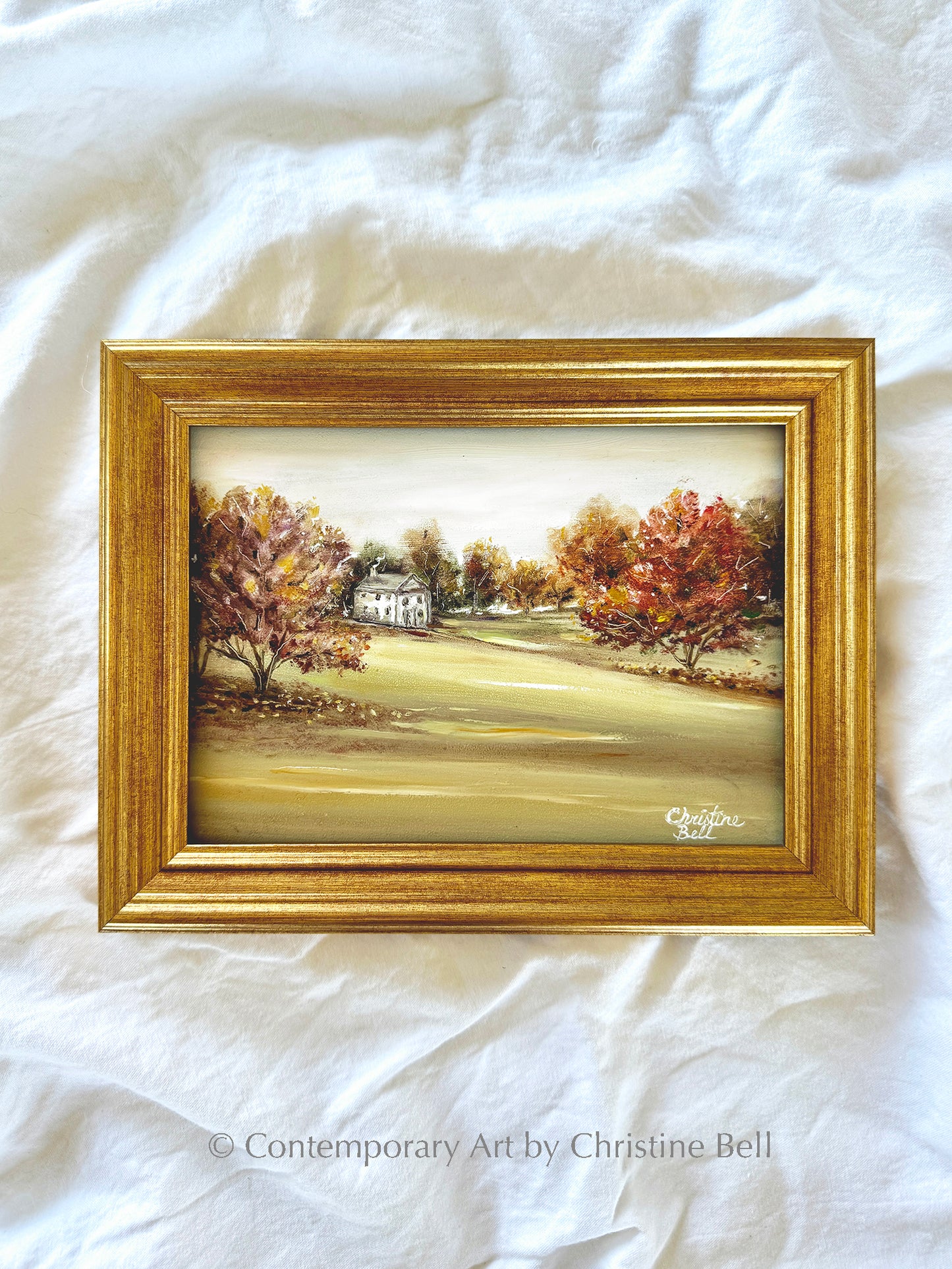 "Little Farmhouse" ORIGINAL OIL PAINTING, Autumn Trees Abstract Landscape, Framed, 7x5"