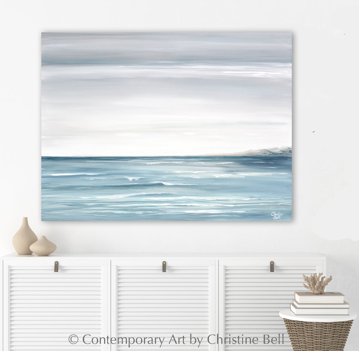 ORIGINAL Abstract Ocean Painting Coastal Seascape Blue White Wall Art ...