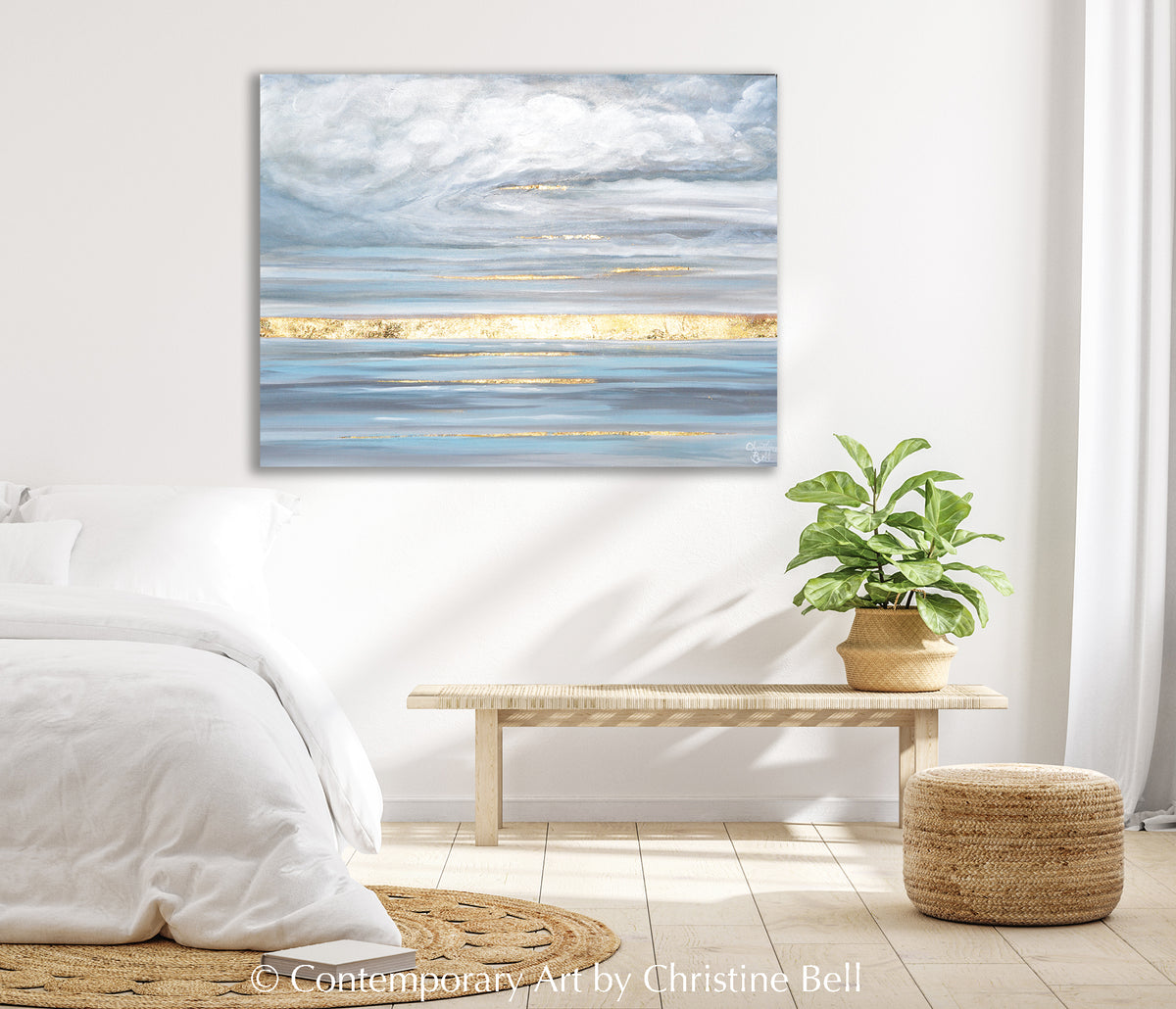 ORIGINAL Abstract Ocean Painting Gold Leaf Coastal Seascape Wall Decor ...