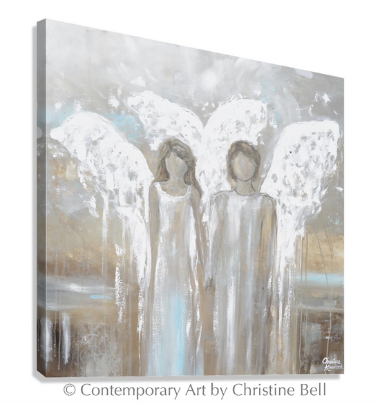 "Always Yours" GICLEE PRINT Abstract Angel Painting Pair of 2 Angels Holding Hands Grey White Blue Wall Art