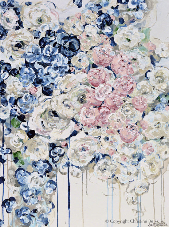 "Everything is Coming Up Roses" GICLÉE PRINT Art Abstract Painting Modern Floral Navy Blue White Pink Flowers