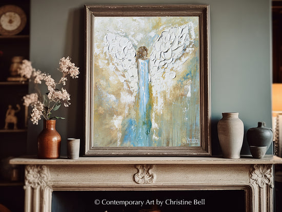 GICLEE PRINT Angel Painting Abstract Guardian Angel Wings Blue Gold White Modern Home Wall Art