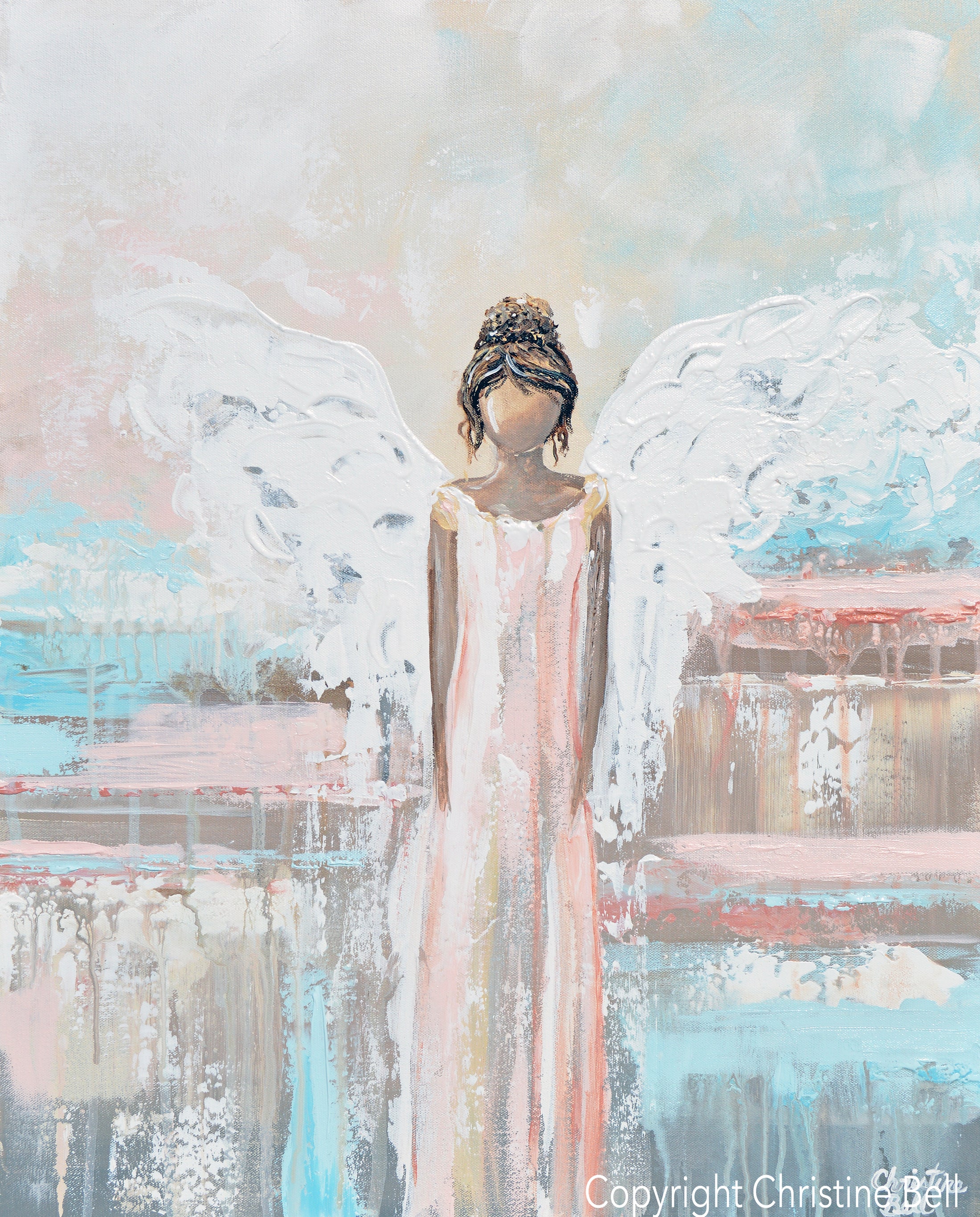 ORIGINAL Angel Painting Guardian Angel Pink Beige Home Decor Wall Art ...