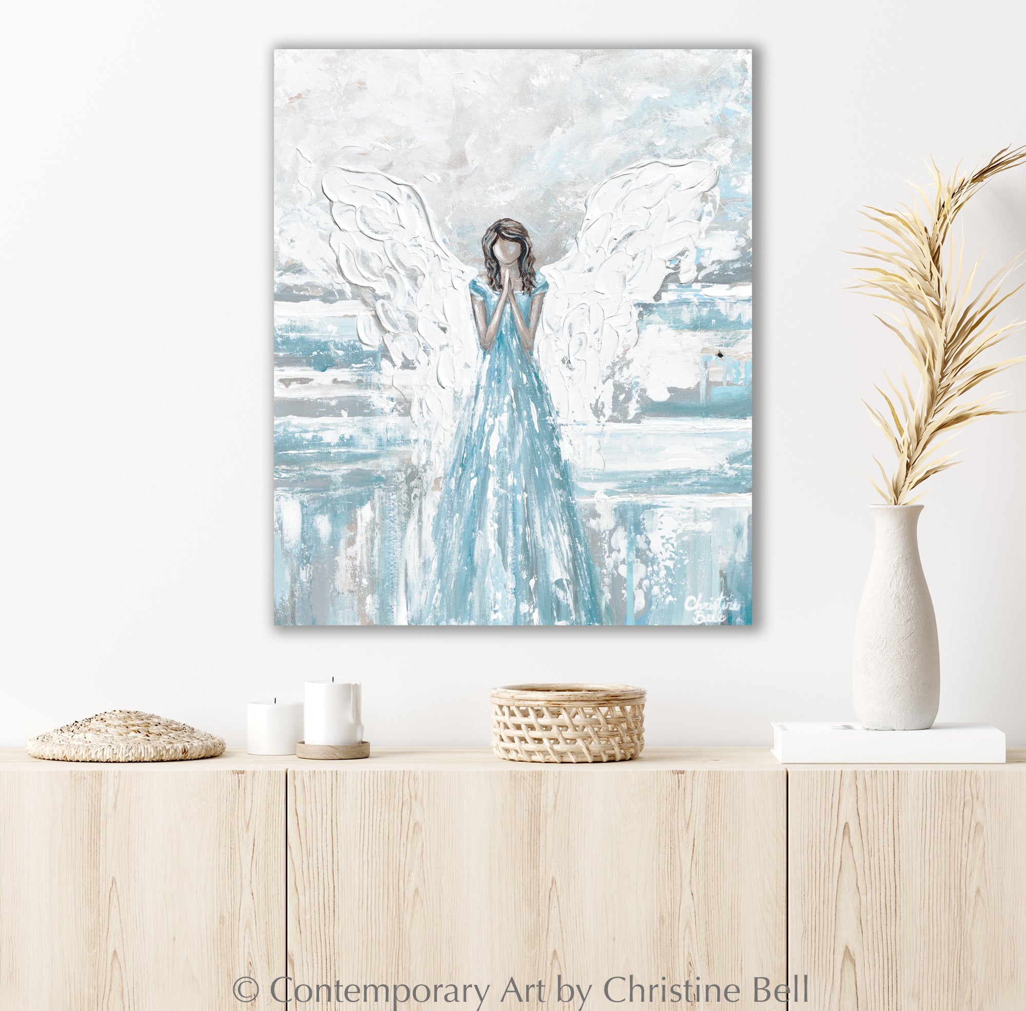 ORIGINAL Angel Painting Guardian Angels Praying Blue White Home Decor ...