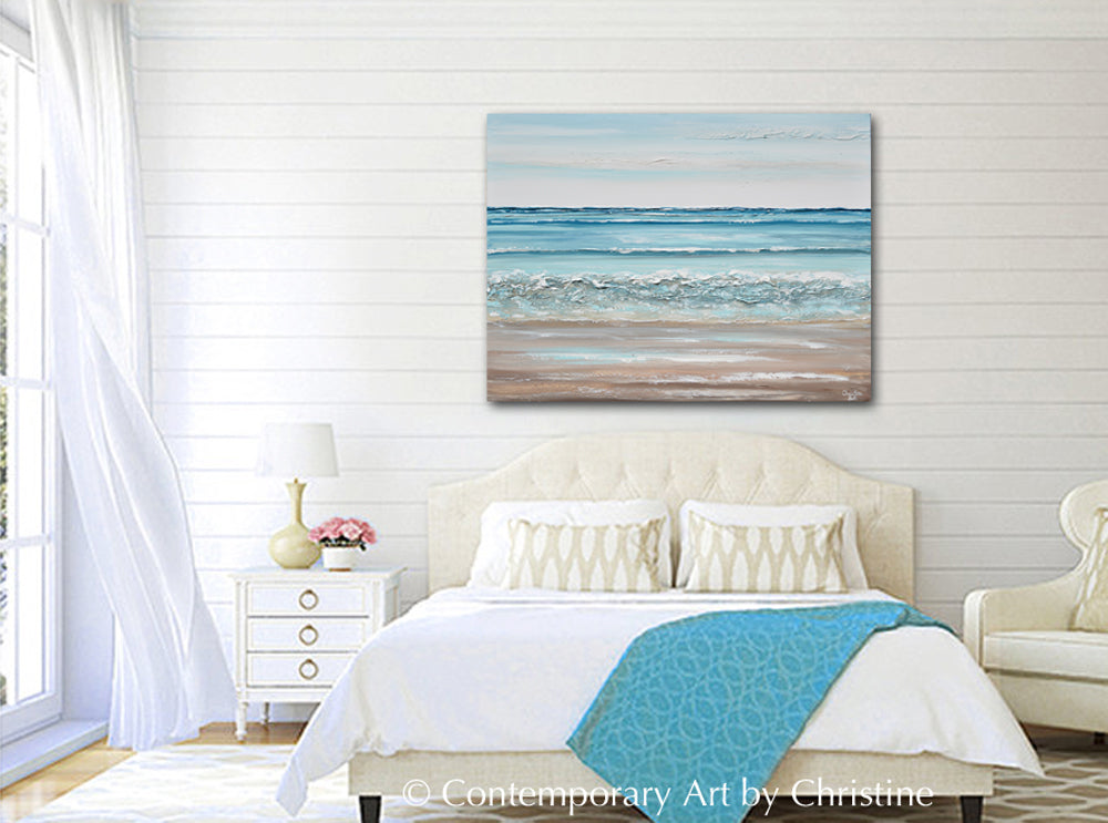 ORIGINAL Abstract Ocean Painting Coastal Blue White Rocks Beach Decor ...