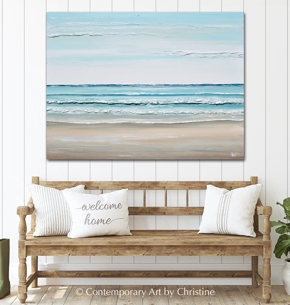 ORIGINAL Abstract Ocean Painting Coastal Blue White Rocks Beach Decor ...