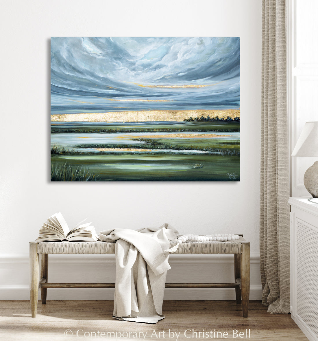 ORIGINAL Abstract Landscape Painting Gold Leaf Coastal Wall Art Decor ...