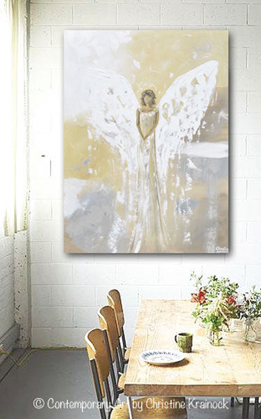 ORIGINAL Angel Painting Guardian Angel Gold Grey Home Decor Large Art ...