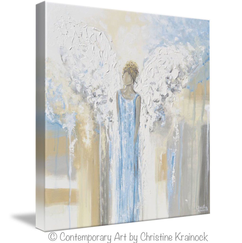 GICLEE PRINT Abstract Angel Painting Guardian Angel Fine Art Angel Wings Blue White Grey Gold Home Decor Wall Art - Christine Krainock Art - Contemporary Art by Christine - 7