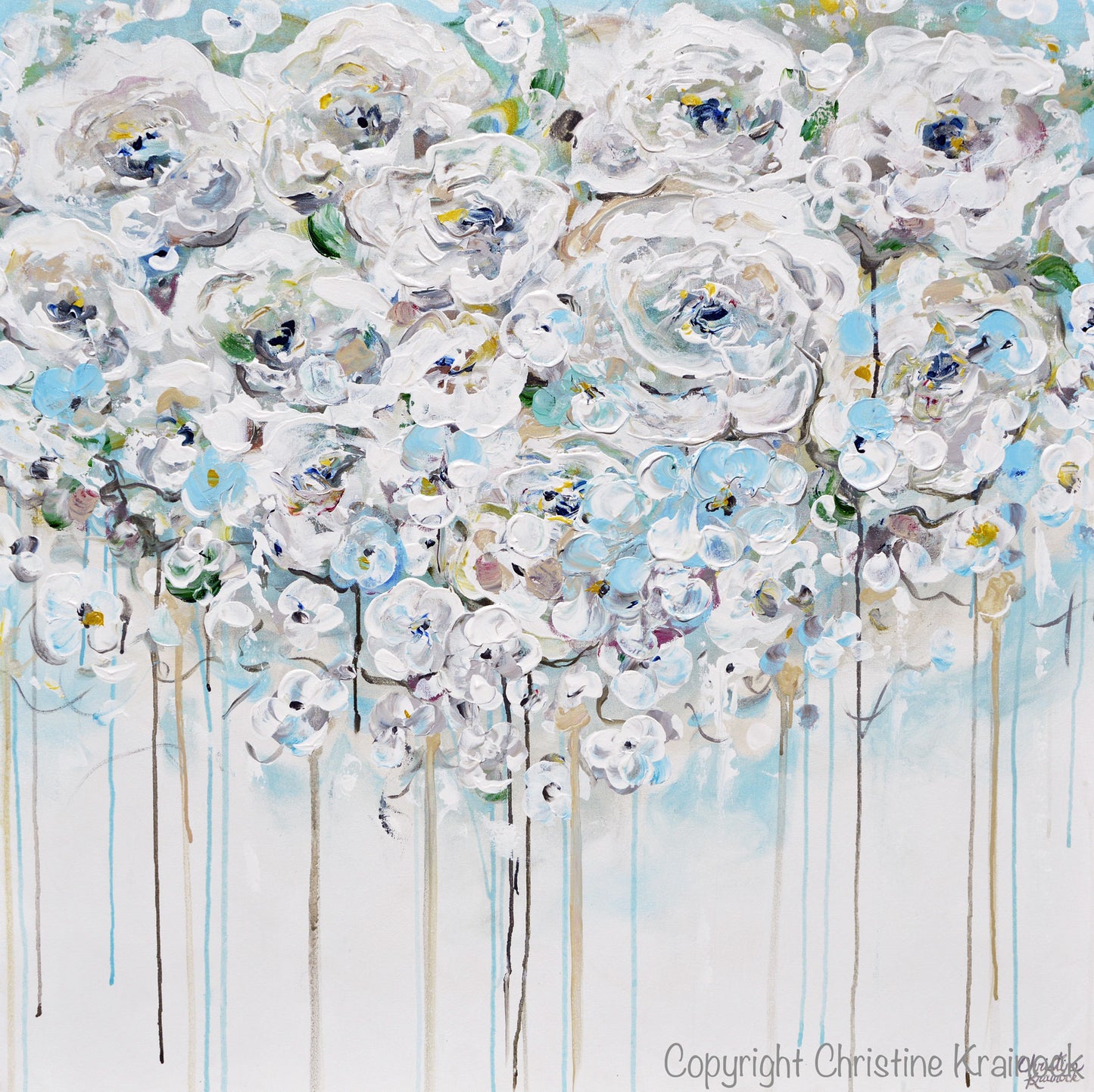 ORIGINAL Art Abstract Painting Floral Light Blue White Cream Flowers –  Contemporary Art by Christine