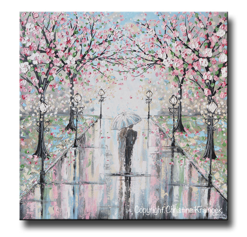 ORIGINAL Art Abstract Painting Couple Umbrella Rain Pink Cherry Trees ...