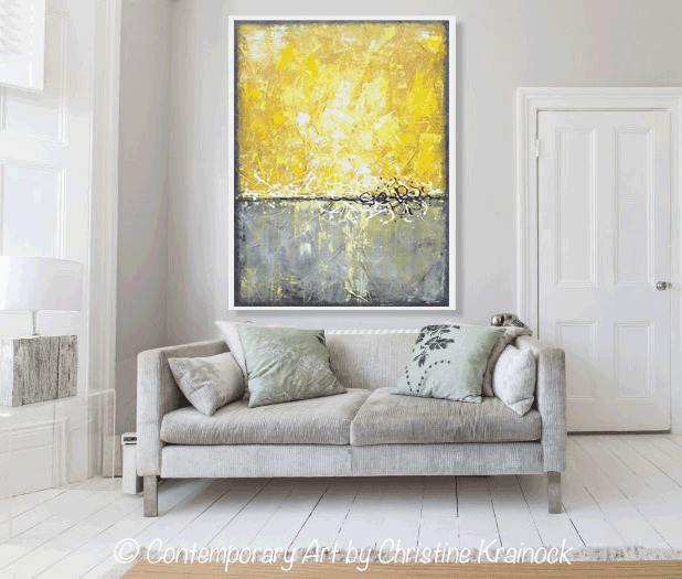 CANVAS PRINT Abstract Painting FRAMED Neutral Wall Art Gold White Grey –  Contemporary Art by Christine