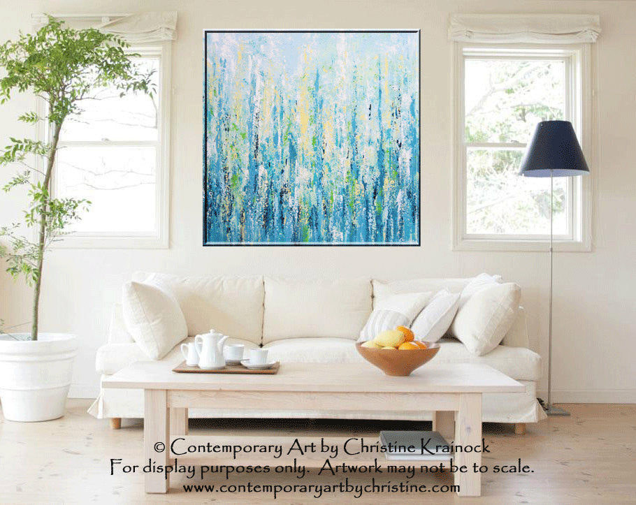 ORIGINAL Art Abstract Painting Blue Aqua Textured LARGE Contemporary Wall Art Green Yellow 36x36" - Christine Krainock Art - Contemporary Art by Christine - 4