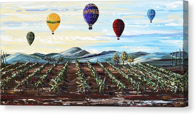 Giclee Print Art Painting Hot Air Balloons Over Vineyard Landscape - Misty Morning, Canvas Print Home Decor